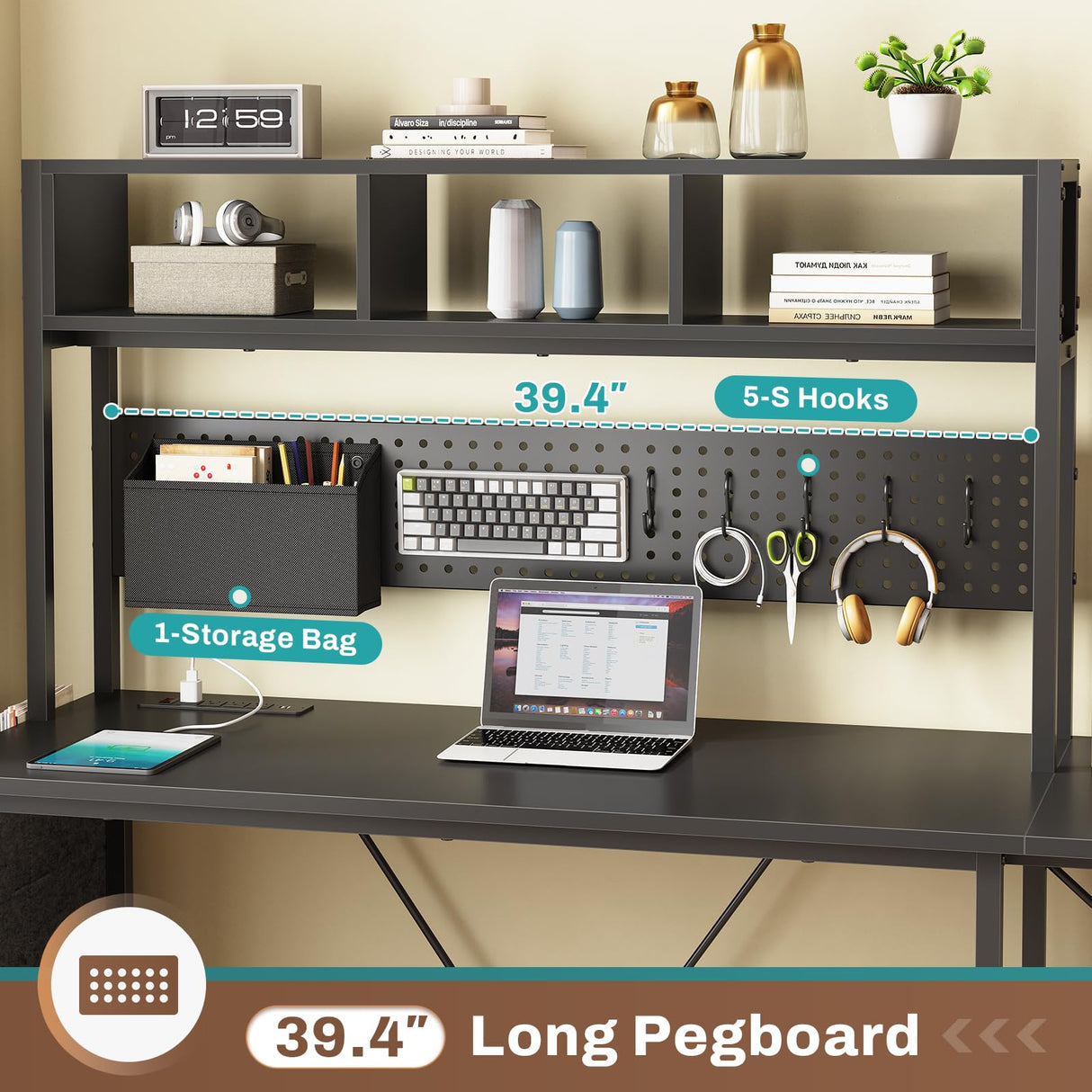 SEDETA L Shaped Gaming Desk with Hutch, 57.5” Reversible Corner Computer Desk with Storage Shelves, Gaming Desk with Pegboard, LED Lights, Power Outlet, Keyboard Tray and Storage Bag, Black SEDETA