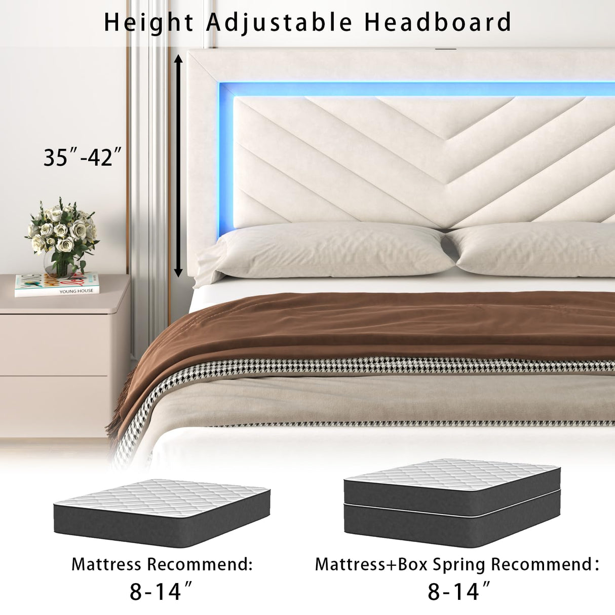 Incyneva Upholstered King Bed Frame with LED Headboard and Storage Drawer, Velvet Platform Bed Frame King Size with Charging Station, Adjustable Headboard, No Box Spring Needed, Off White Incyneva