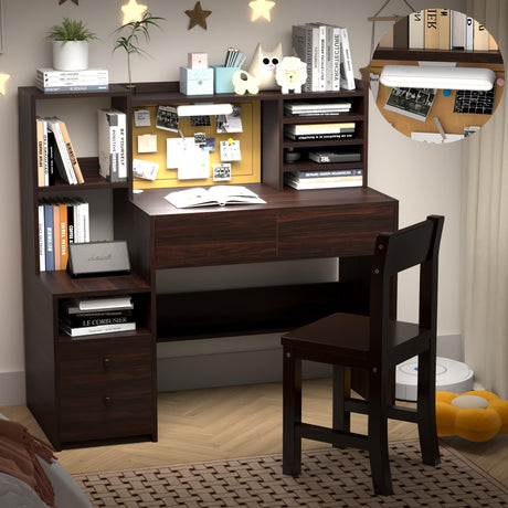 RUPOLX Espresso Kids Desk and Chair Set for 5-12 Year Old,Kids Study Desk with 3-Color Lights,Childrens Computer Desk with 4 Drawers, Kids Study Table with Storage Shelf-D-40 RUPOLX