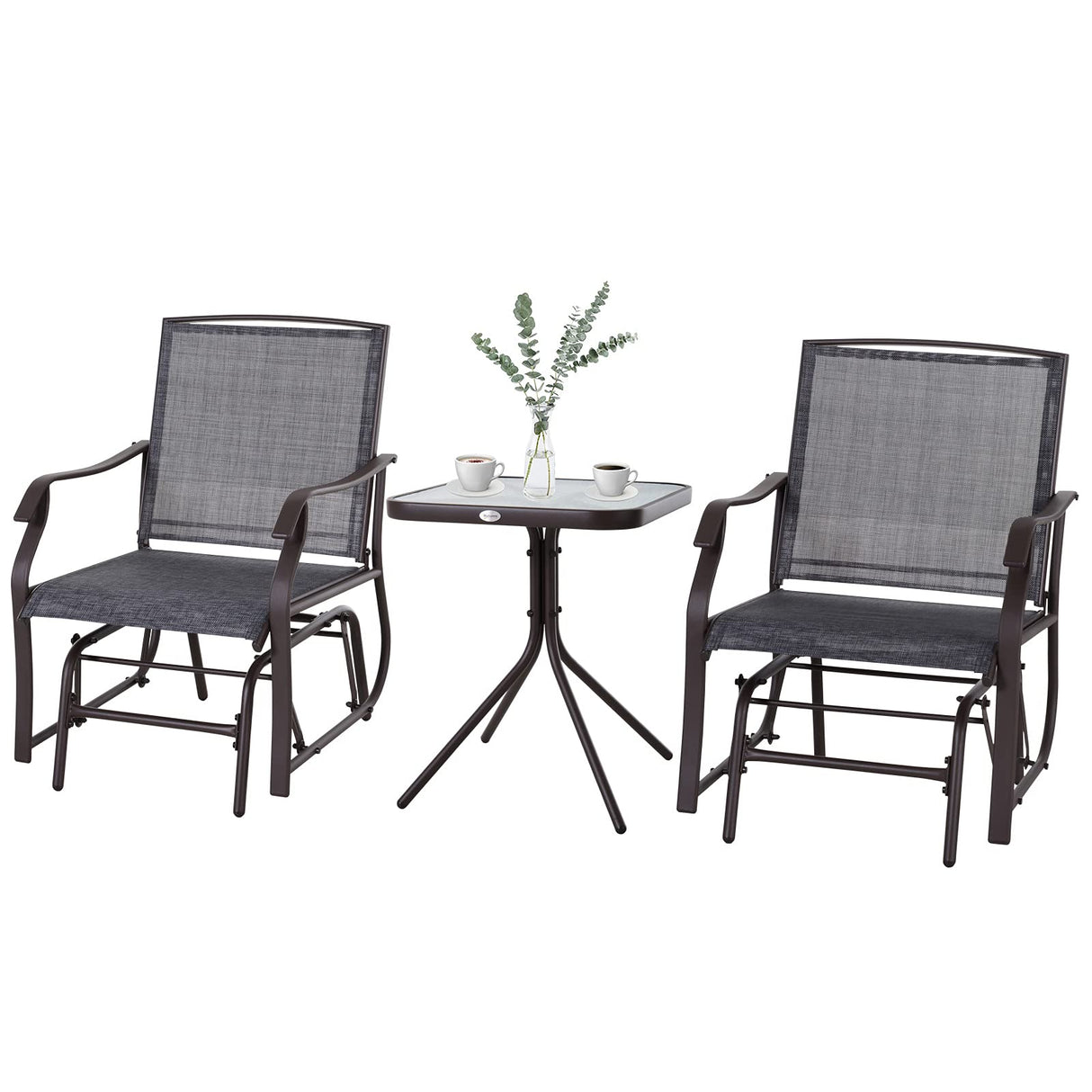 Outsunny 3 Piece Outdoor Glider Chair with Coffee Table Bistro Set, 2 Patio Rocking Swing Chairs with Breathable Sling Fabric, Glass Tabletop, for Backyard, Garden and Porch, Gray Outsunny