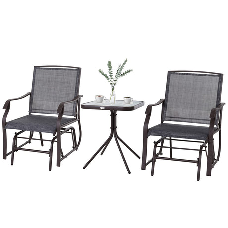 Outsunny 3 Piece Outdoor Glider Chair with Coffee Table Bistro Set, 2 Patio Rocking Swing Chairs with Breathable Sling Fabric, Glass Tabletop, for Backyard, Garden and Porch, Gray Outsunny