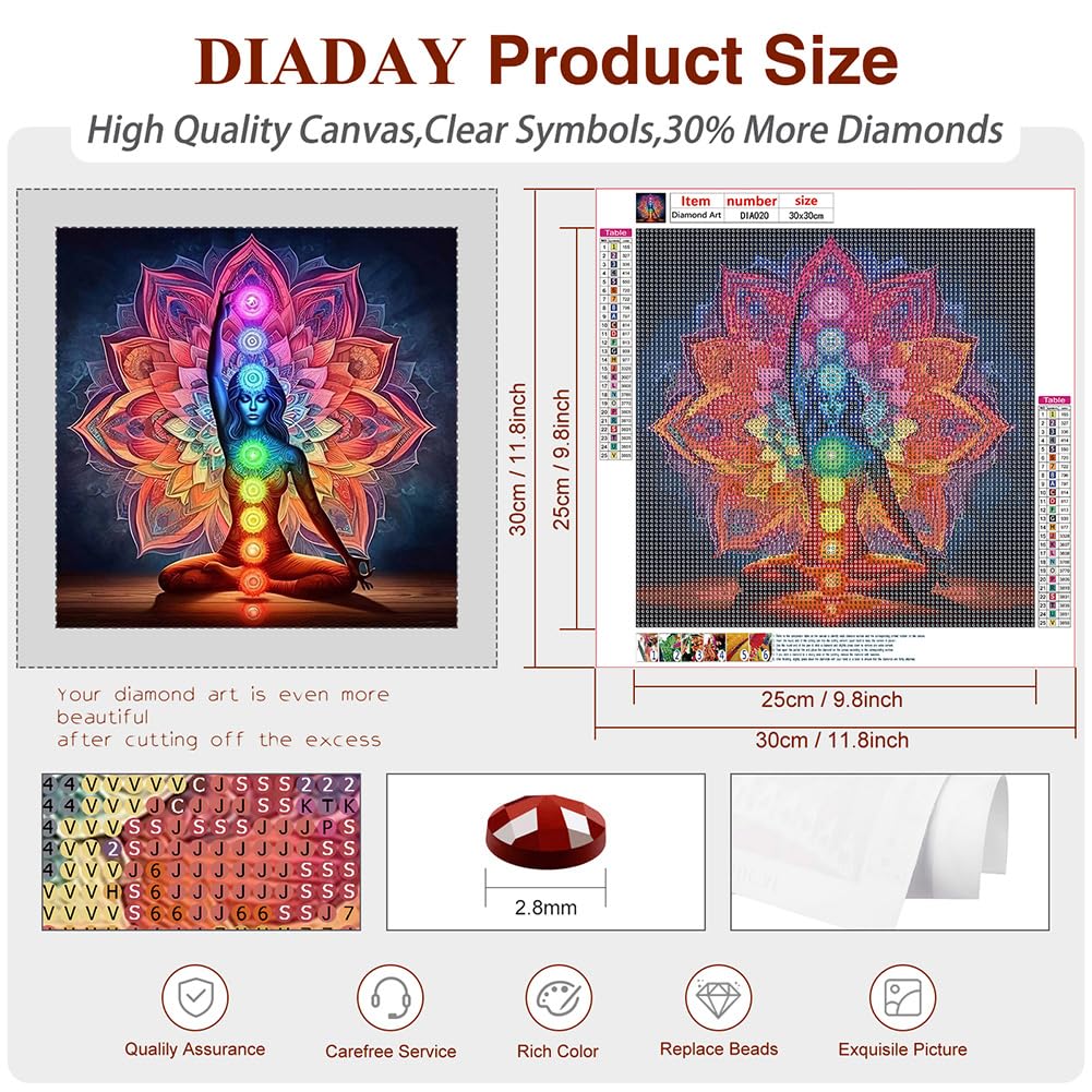 DIADAY 5D Chakra Mandala Diamond Painting Kit for Adults, Full Drill Round Chakra Diamond Art Kits for Beginners, DIY Mandala Diamond Dot Art Craft, Home Wall Decor Gift, 12x12 Inches DIADAY