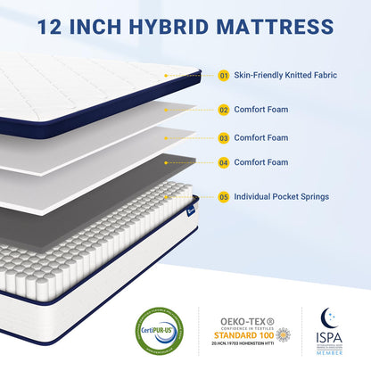 Avenco Queen Size Mattress, 12 Inch Queen Mattresses in a Box, Hybrid Spring Mattresses with Comfort Foam and Pocket Coils for Pressure Relief & Motion Isolation