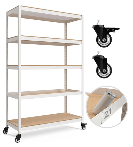 HOMEDANT House White 5-Tier Metal Boltless Rolling Cart Shelf Rack Casters Heavy Duty Wheel Shelving Unit Adjustable Storage Shelves Organizer Shelf Kitchen Garage 48.1" W x 18.5" D x 75.4" H 1Pack HOMEDANT