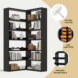 4 EVER WINNER Corner Book Shelf with LED Lights, 71” High Coner Bookshelf with Storage for Living Room, Study Room, Modern Storage Display Industrial L Shaped Bookshelf, Black 4 EVER WINNER