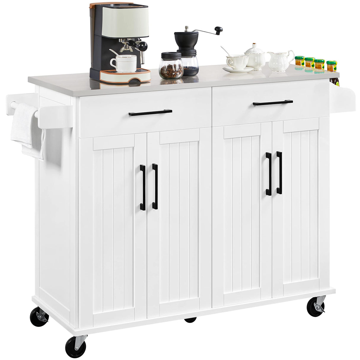 Yaheetech Kitchen Island Cart with Storage & Stainless Steel Countertop, Portable Kitchen Island on Wheels with Cabinet & Adjustable Shelves & 2 Drawers, Rolling Island Table for Kitchen, White Yaheetech
