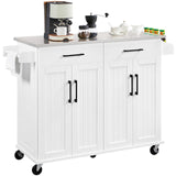 Yaheetech Kitchen Island Cart with Storage & Stainless Steel Countertop, Portable Kitchen Island on Wheels with Cabinet & Adjustable Shelves & 2 Drawers, Rolling Island Table for Kitchen, White Yaheetech