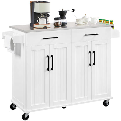 Yaheetech Kitchen Island Cart with Storage & Stainless Steel Countertop, Portable Kitchen Island on Wheels with Cabinet & Adjustable Shelves & 2 Drawers, Rolling Island Table for Kitchen, White