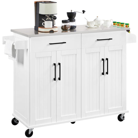 Yaheetech Kitchen Island Cart with Storage & Stainless Steel Countertop, Portable Kitchen Island on Wheels with Cabinet & Adjustable Shelves & 2 Drawers, Rolling Island Table for Kitchen, White Yaheetech
