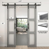 BARNSMITH 18in x 84in Double Glass Barn Door with 6.6FT Sliding Door Hardware Kit Included & Handle,3-Panel Frosted Glass Solid Wood Slab with Water-Proof PVC Surface,Pre-Drilled Easy Assembly,Grey BARNSMITH