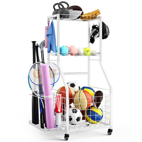 DUDUXI Sports Equipment Garage Organizer,Garage Ball Storage Rack with Wheels-Upgraded 3 Layers Sport Toy Organizer Rack Outdoor Basketball Racks for Balls with Holder and Hooks DUDUXI