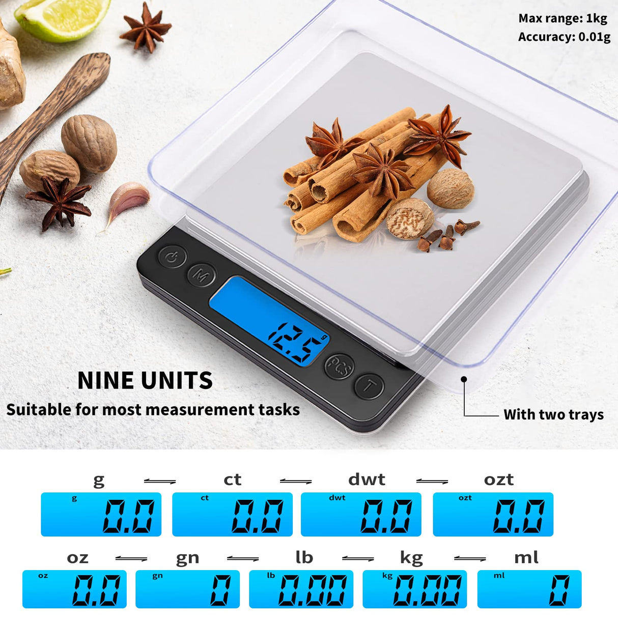 Small Digital Gram Scale 1000g by 0.01g, MEIYA High Accuracy Scale for Food Ounces and Grams, Upgrade USB Charging Kitchen Scale Digital Weight for Cooking, Baking, with Tare Function, 9 Units, 2 Tray MEIYA