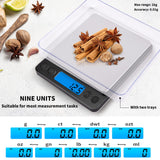 Small Digital Gram Scale 1000g by 0.01g, MEIYA High Accuracy Scale for Food Ounces and Grams, Upgrade USB Charging Kitchen Scale Digital Weight for Cooking, Baking, with Tare Function, 9 Units, 2 Tray MEIYA
