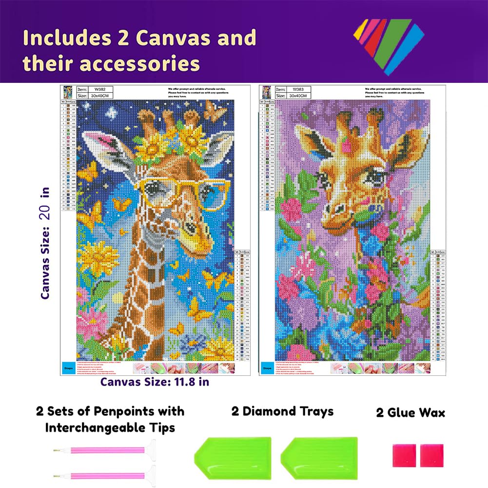 OFRKE 2-Piece Giraffe Diamond Painting Kits for Adults, Round Full Drill 5D DIY Diamond Art Kits for Home Wall Decor 12"x20" OFRKE
