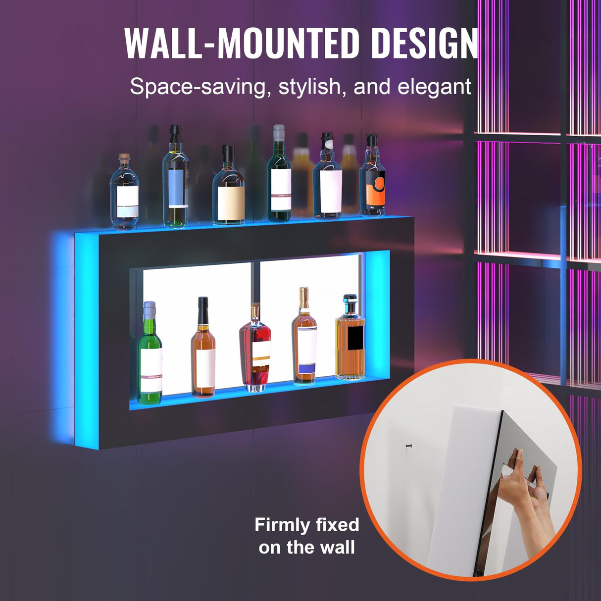 VEVOR LED Lighted Liquor Bottle Display Shelf, Square 48 Inches, Supports USB,Illuminated Home Bar Shelf w/RF Remote & App Control 7 Static Colors 1-4 H Timing, Acrylic Wall-Mounted Shelf VEVOR