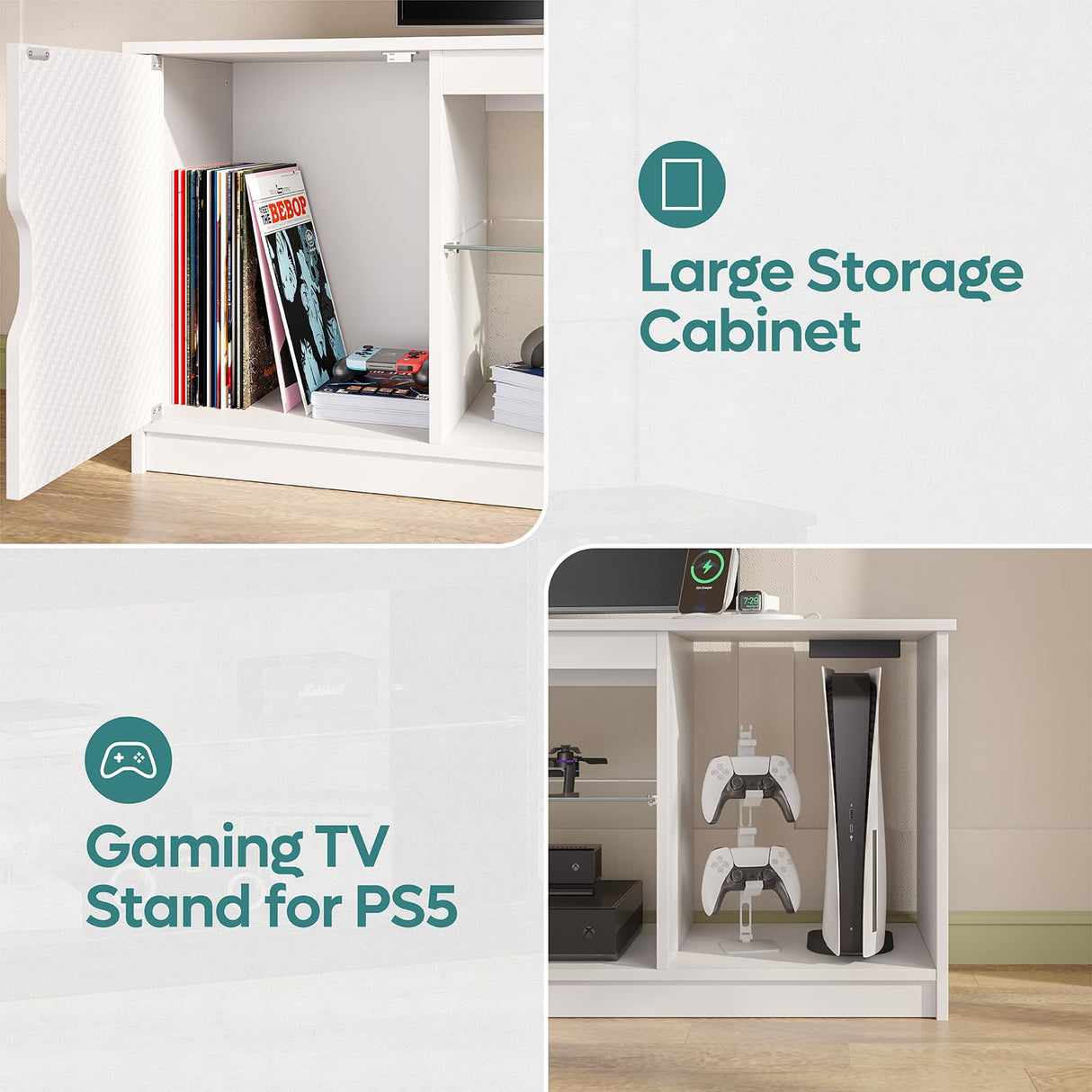 Bestier LED TV Stand with Power Outlets for 55/60/65 Inch TV, Gaming Entertainment Center with Cabinet for PS5, Modern TV Cabinet with Adjustable Glass Shelves for Bedroom 58 Inch Carbon Fiber White Bestier