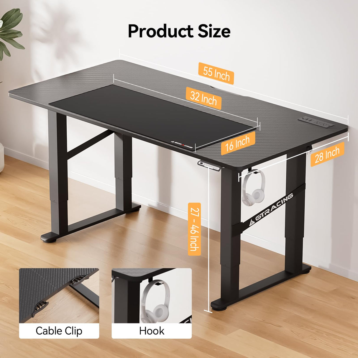 GTRACING 4 Legs Standing Desk with Dual Motor, 55 x 28 Inch Adjustable Height Desk with Power Outlets & LED Lights, Home Office Computer Workstation Sit Stand Up Desk with 3 Memory Preset GTRACING