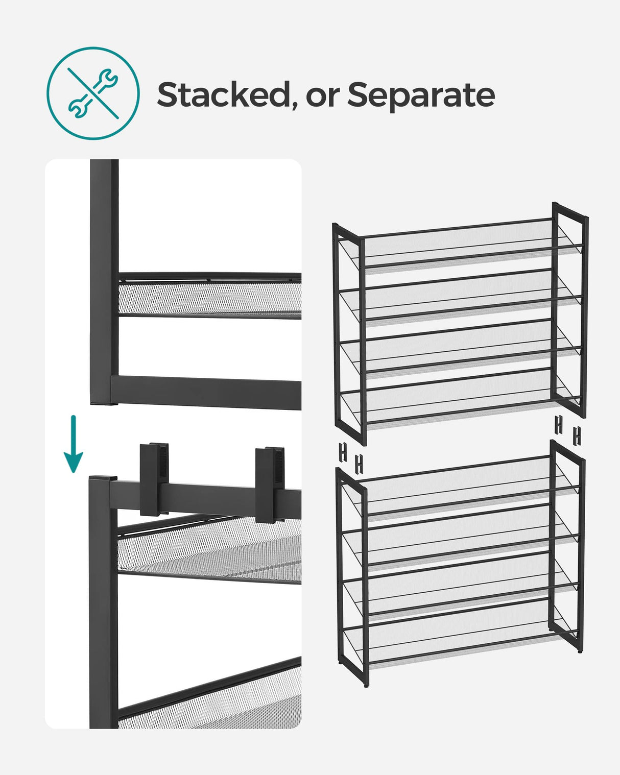 SONGMICS Shoe Rack, 8-Tier Shoe Organizer, Metal Rack for Garage, Set of 2, 4-Tier Stackable Shelf, with Adjustable Flat or Angled Shelves, 32-40 Pairs, Ink Black ULMR08B SONGMICS