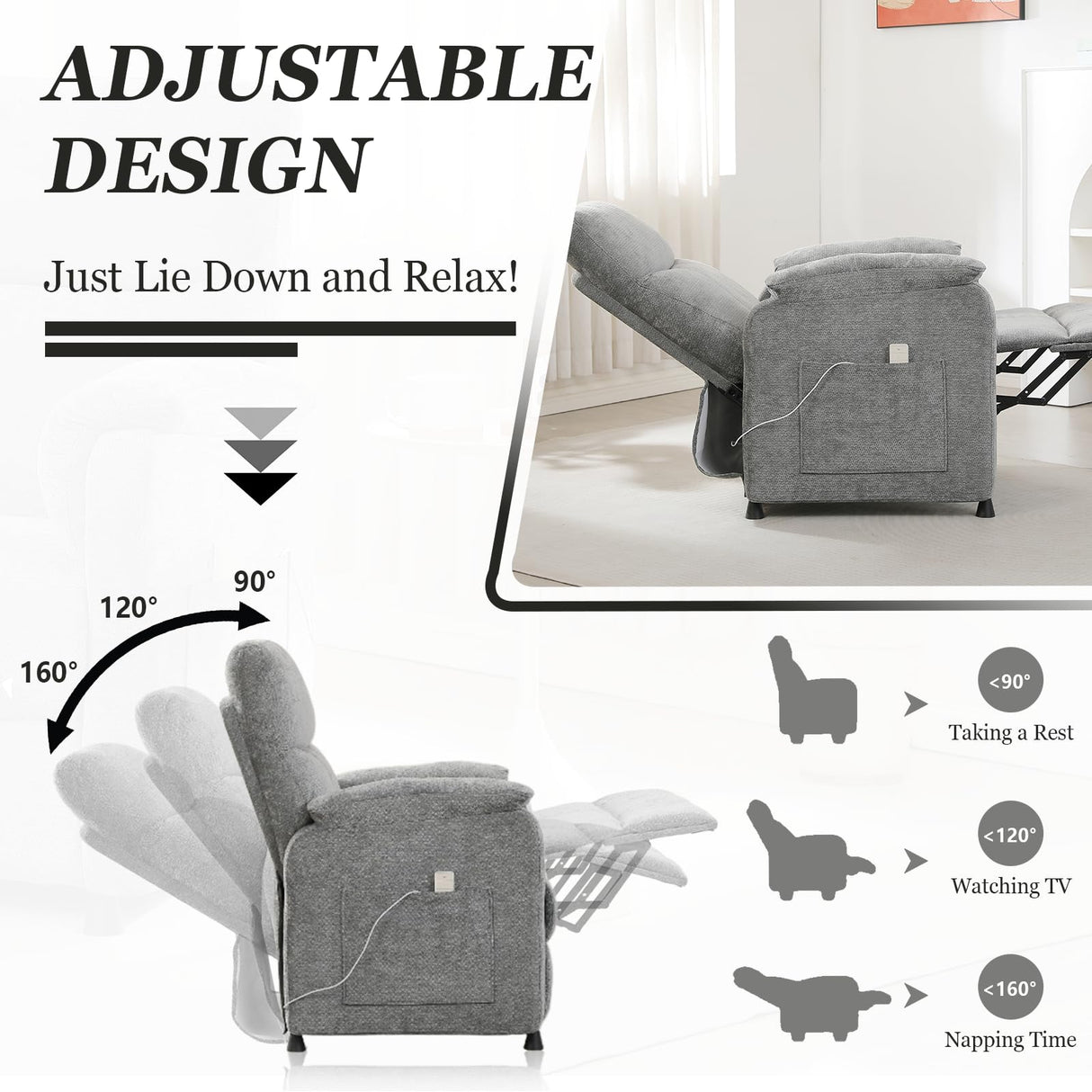 Grey Power Recliner Chairs for Adults, Ultra-Comfy Small Recliners for Small Spaces, Adjustable Electric Recliner Chairs with Remote & 2 Side Pockets - Padded Seat Backrest & Footrest (Gray) anwickjeff