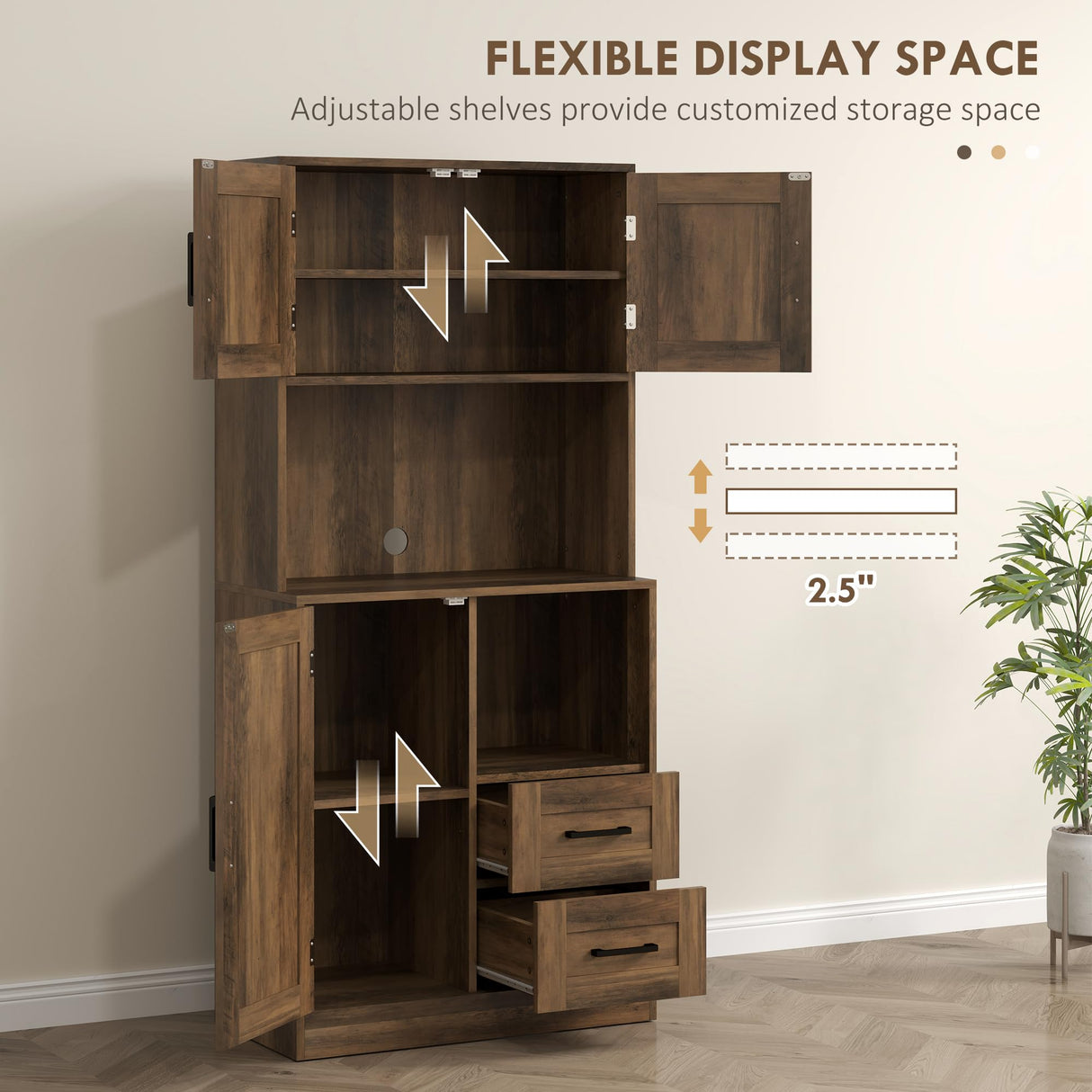 HOMCOM 71" Farmhouse Kitchen Pantry Storage Cabinet, Freestanding Tall Kitchen Hutch with Microwave Oven Countertop, Adjustable Shelves and Drawers, Brown HOMCOM