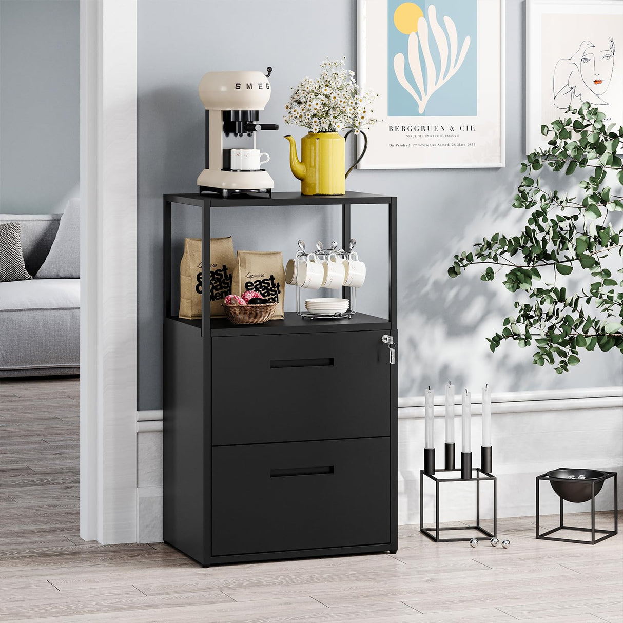 MIIIKO Office File Cabinet with 2 Drawers and Shelf, Metal Vertical Filing Cabinet with Lock, Lateral Two Drawers for Storage Letter/Legal Size File Folders, Top Shelf for Printer Stand MIIIKO