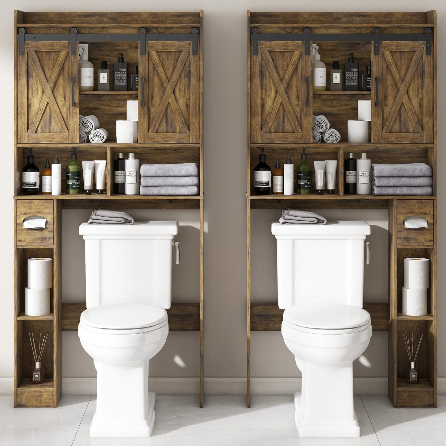 Over The Toilet Storage Cabinet, Farmhouse Storage Cabinet Over Toilet with Sliding Doors & Toilet Paper Holder Stand，Home Space-Saving Toilet Rack, for Bathroom, Restroom, Laundry