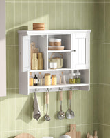 Irontar 31.5" L Large Medicine Cabinet with 4 Hooks, Wooden Bathroom Wall Cabinet with Shelf, Modern Hanging Cabinet Over Toilet, Lined Door, for Living Room, Entryway, Kitchen, White Irontar