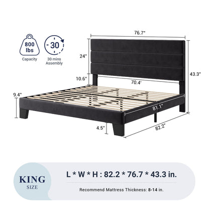 Allewie King Size Platform Bed Frame with Velvet Upholstered Headboard and Wooden Slats Support, Fully Upholstered Mattress Foundation/No Box Spring Needed/Easy Assembly, Black