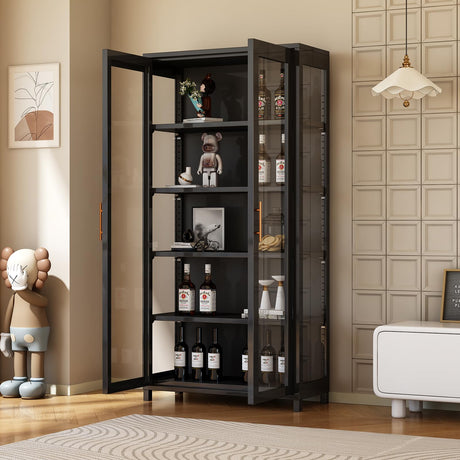 Display Cabinet with Glass Doors, 5-Tier Curio Cabinet with 4 Adjustable Shelves for Collectibles Toy Organizers Rack & Display Shelf, Kids Bookcase for Bedroom, Living Room, Reading Nook (Black) YGWBGA