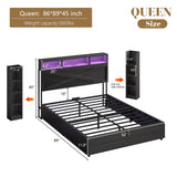 LUXOAK Queen Size Lift Up Bed Frame with Bookcase Headboard & 2 Side Shelf, Farmhouse Storage Bed with LED Light and Charging Station, No Box Spring Needed, Noise-Free, Black Oak LUXOAK