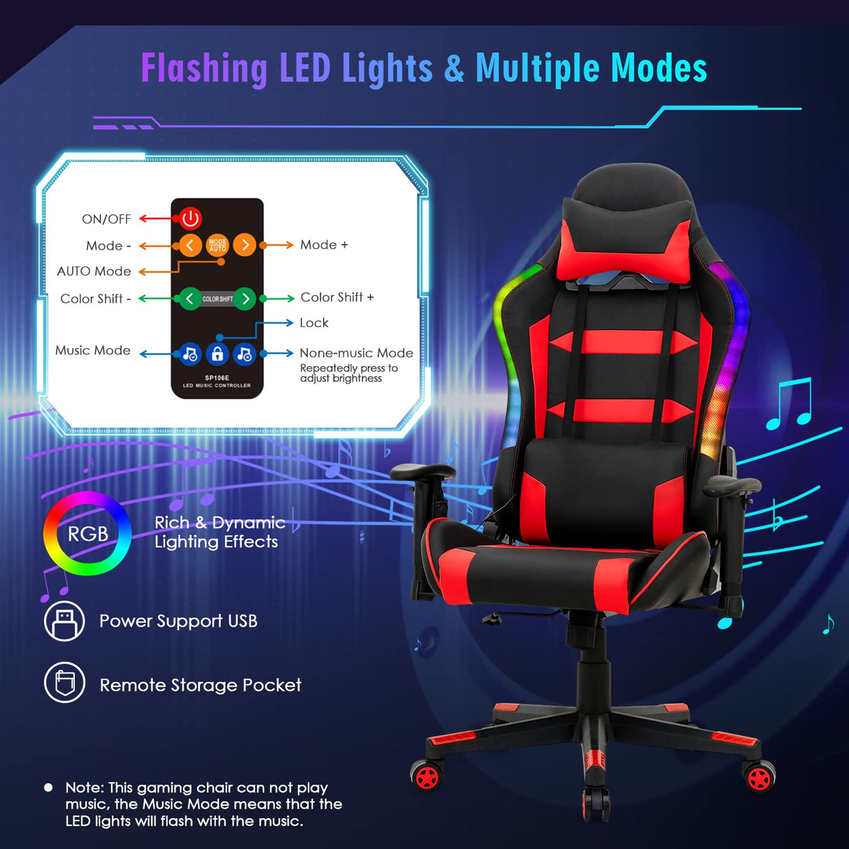 Giantex RGB Gaming Chair, Ergonomic Video Game Chair with Led Light, High Back E-Sport Computer Chair Adjustable w/PVC Leather, Headrest & Lumbar Support (Red) Giantex
