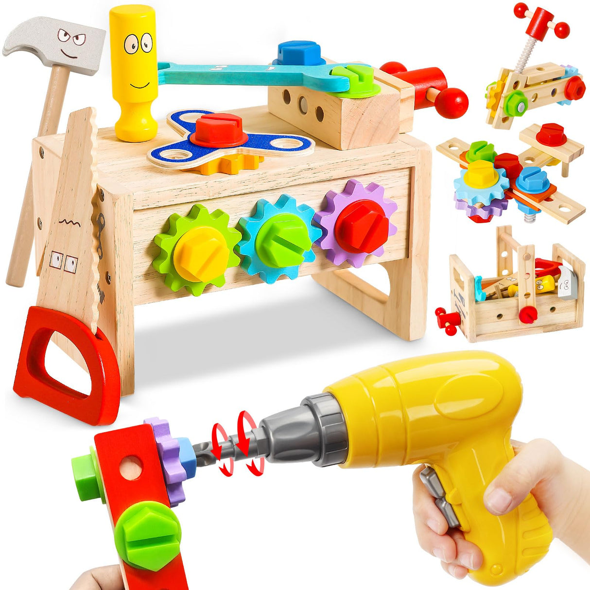 Kids Tool Set with Electric Drill, 39 Pcs Wooden Toddler Play Tool Bench Kits with Tool Box, Montessori STEM Educational Pretend Construction Toy for 3 4 5 6 Year Old Boys Girls Birthday Gifts BAODLON