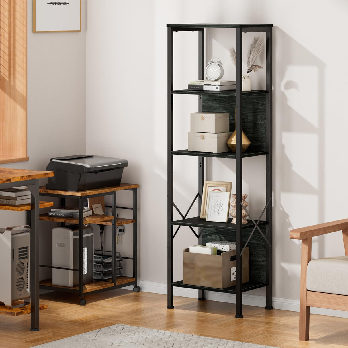 Furologee 5 Tier Tall Bookshelf with Back, Industrial Narrow Bookcase, Display Standing Shelf Units, Metal and Wood Storage Corner Shelves Organizer for Bedroom, Living Room, Entryway, Kitchen, Black Furologee
