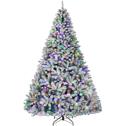 Hykolity 9 ft Prelit Snow Flocked Christmas Tree, Christmas Tree with Pine Cones and Berries, 600 Color Changing LED Lights, 2100 Branch Tips, Metal Stand and Hinged Branches, 10 Color Modes