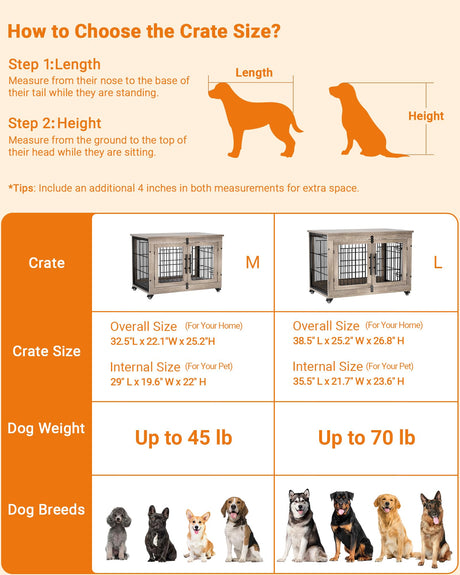 YaFiti Dog Crate Furniture with Cushion, Wooden Dog Kennel with Double Doors, Heavy Duty Dog Cage End Table with Wheels, Dog House Indoor for Small Medium Dogs up to 45 lb, 32.5” L, Grey YaFiti