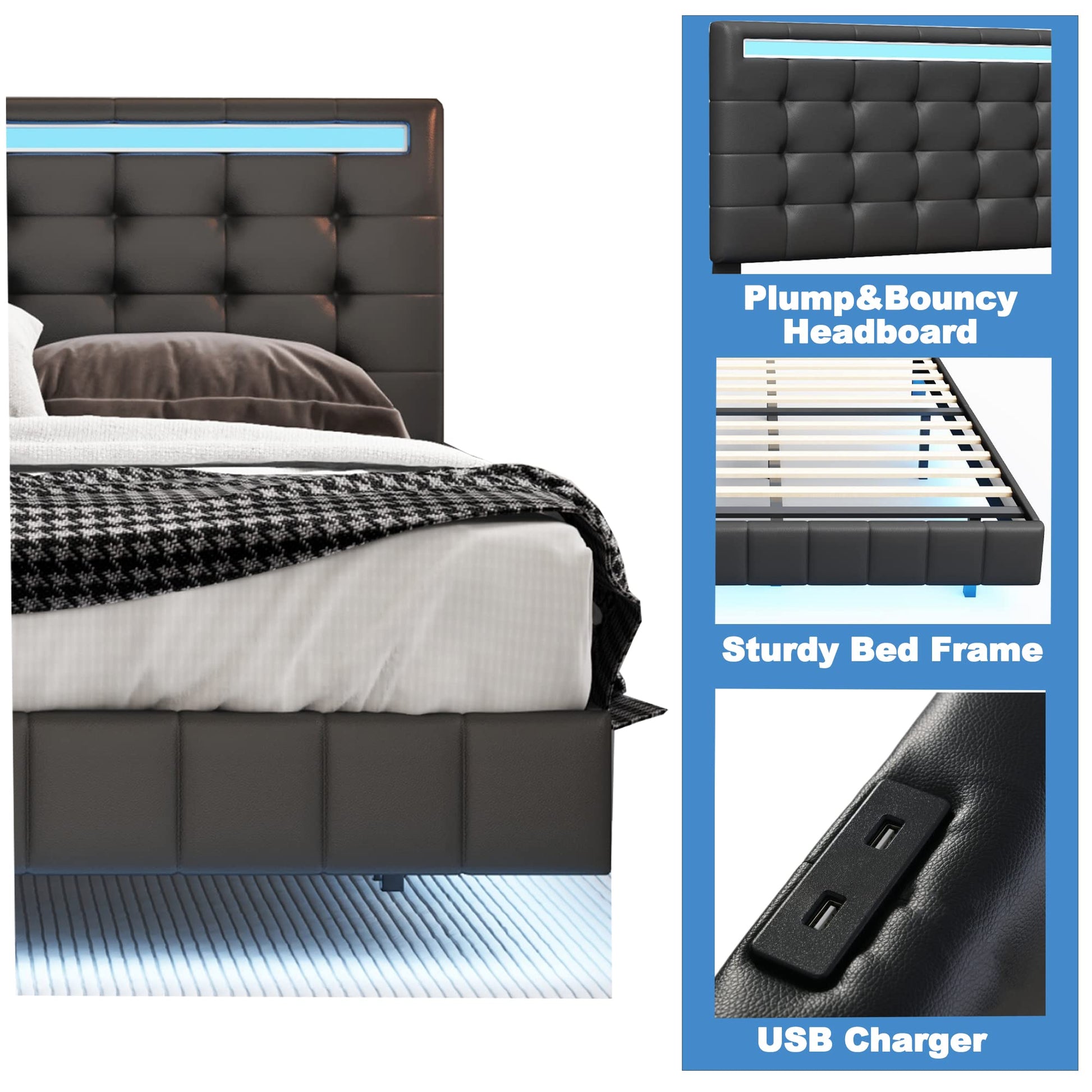 Bellemave Adjustable Queen Size Floating Bed Frame with LED Lights and USB Charger in Black - WoodArtSupply