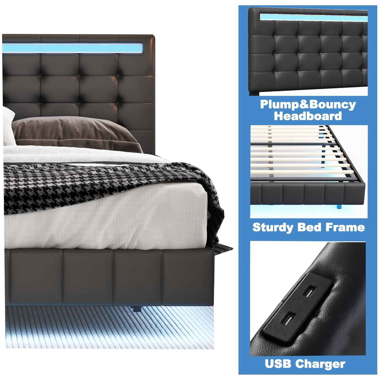 Jintop Modern Queen Size Floating Bed Frame with LED Lights & USB Charging Ports - WoodArtSupply