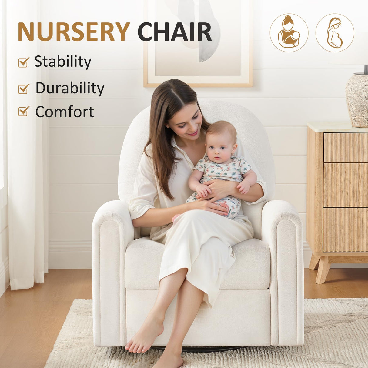 VANOMi 360 Swivel Rocker Recliner Chair, Nursery Rocking Chair with Tufted Backrest, Manual Recliner Chairs for Small Spaces, Upholstered Glider Nursing Chair for Living Room, Bedroom (White) VANOMi