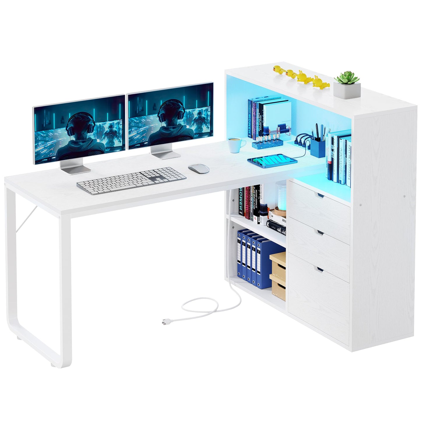 YITAHOME 55" L Shaped Computer Desk with Power Outlets, LED Lights, File Cabinet & Ample Storage in White