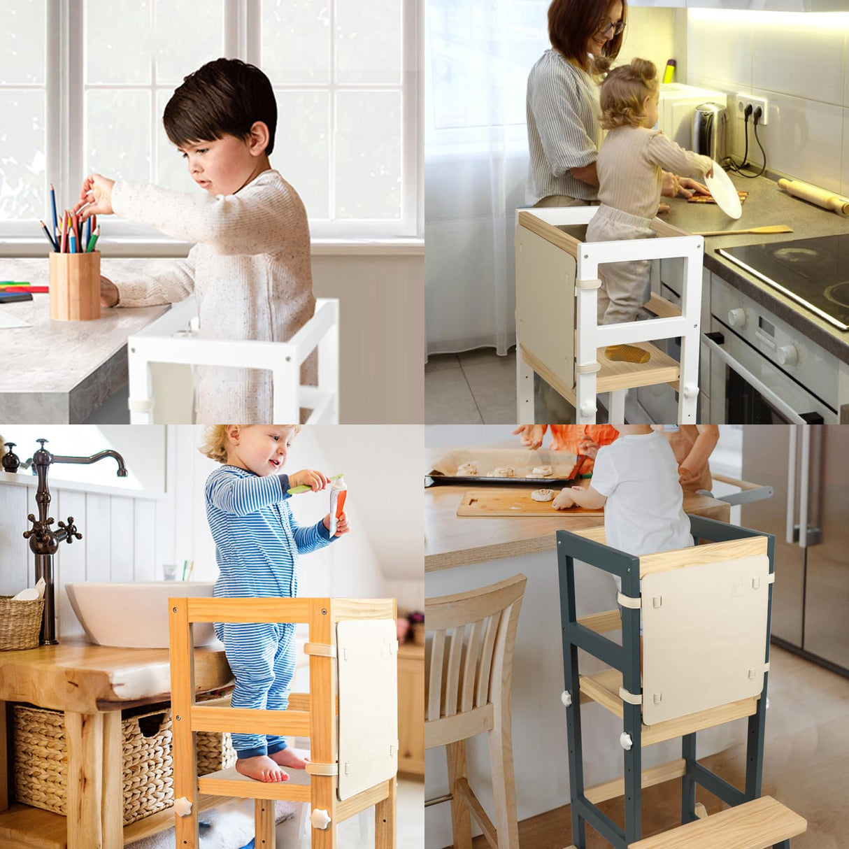 WOOD CITY Toddler Standing Tower, 3 Adjustable Heights Kids Kitchen Step Stool with CPC Certification, Equipped with Removable Safety Anti-Fall Net, Suitable for 18 Months and Up (Natural) WOOD CITY