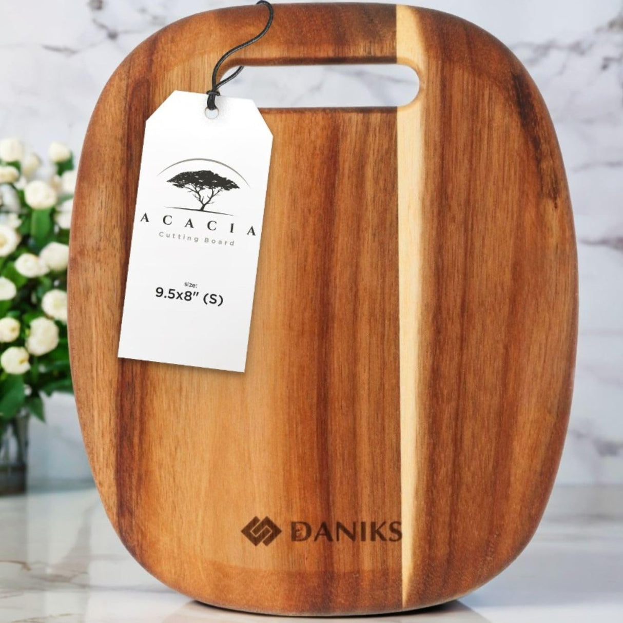 Daniks Acacia Wooden Cutting Board | 9.5x8" | Wood Board Serving Tray | Charcuterie Board | Chopping Boards for Bread, Meat, Fruit, Cheese | Carving Board Daniks