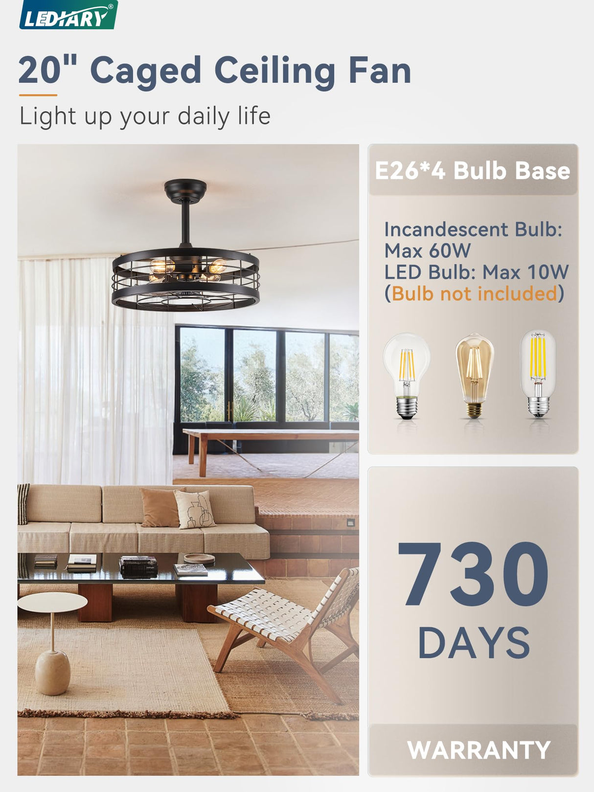 LEDIARY 20 inch Fandelier Caged Ceiling Fan with Light, Bladeless Ceiling Fan with Remote, Farmhouse Fan Lights Ceiling Fixtures for Kitchen, Bedroom, Outdoor(6 Speed, Timing)-Black LEDIARY