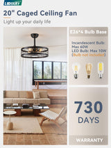 LEDIARY 20 inch Fandelier Caged Ceiling Fan with Light, Bladeless Ceiling Fan with Remote, Farmhouse Fan Lights Ceiling Fixtures for Kitchen, Bedroom, Outdoor(6 Speed, Timing)-Black LEDIARY