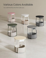 VASAGLE Side Table with Charging Station, Round End Table, Nightstand with Power Outlets, USB Ports, Fabric Basket, Living Room, Bedroom, Modern, Cream White ULET228N01 VASAGLE