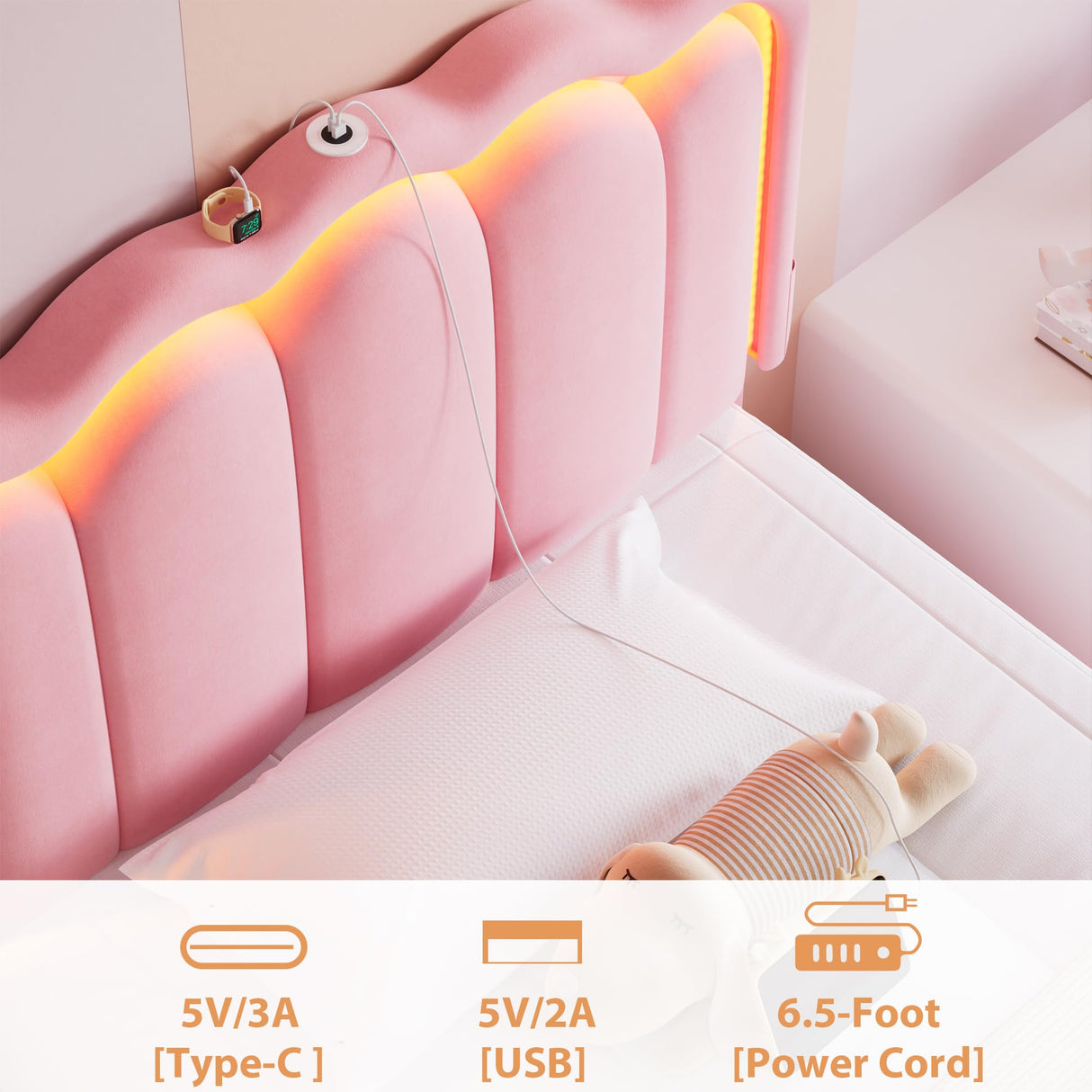 Twin Upholstered LED Bed Frame with Storage Drawer and Adjustable Chic Double Wavy Headboard, Velvet Princess Platform Bed for Girls/Kids, Solid Wood Slats Support, No Box Spring Needed, Pink Jocoevol