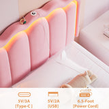 Twin Upholstered LED Bed Frame with Storage Drawer and Adjustable Chic Double Wavy Headboard, Velvet Princess Platform Bed for Girls/Kids, Solid Wood Slats Support, No Box Spring Needed, Pink Jocoevol