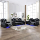 Power Recliner Sofa Set of 3 Pieces with Bass Speakers for Living Room, Faux Leather Electric Zero Gravity 3 Seater Reclining Couch with Wireless Charger and Loveseat Theater Chair w/LED Lights,Black Comfort Stretch