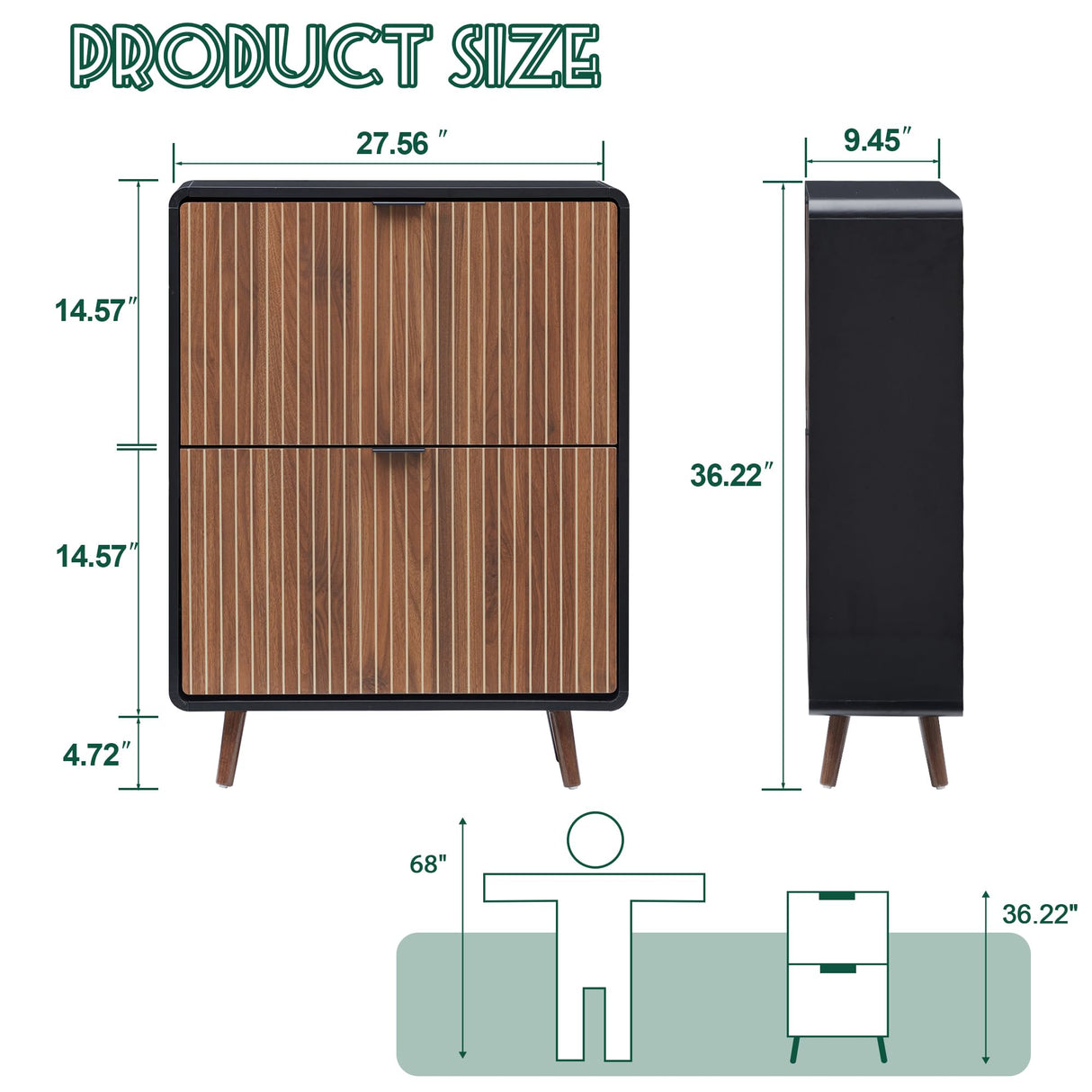 Fluted Shoe Cabinet Storage for Entryway,Slim Shoe Cabinet with 2 Flip Drawers, Narrow Shoes Rack Organizer (Walnut with Black, 2 Drawers) FurSch