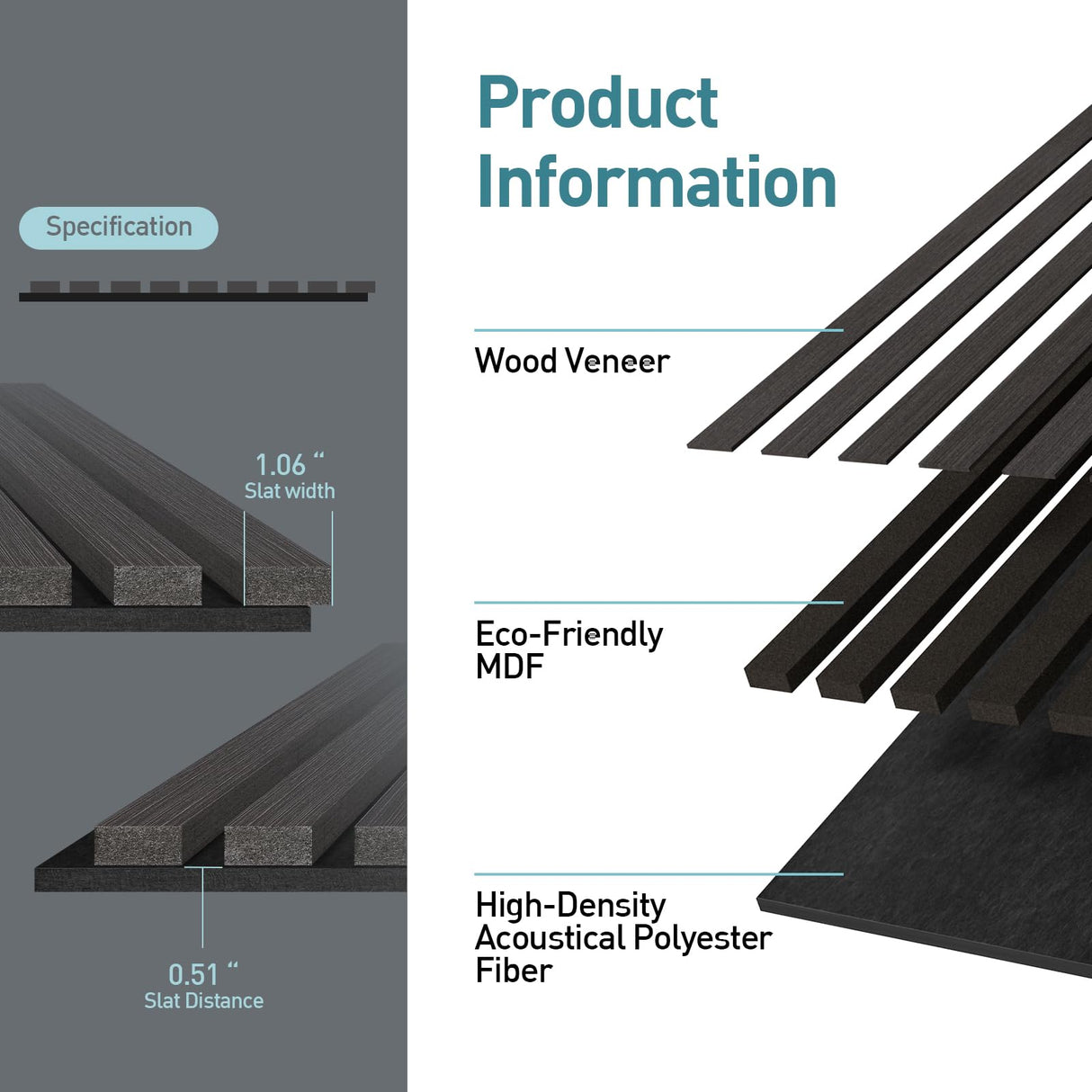 UMIACOUSTICS Wood Slat Wall Panels, 4 PCS Diffusion Panels, Decorative Sound Absorbing Panels for Home Office Cinema -Ebony UMIACOUSTICS