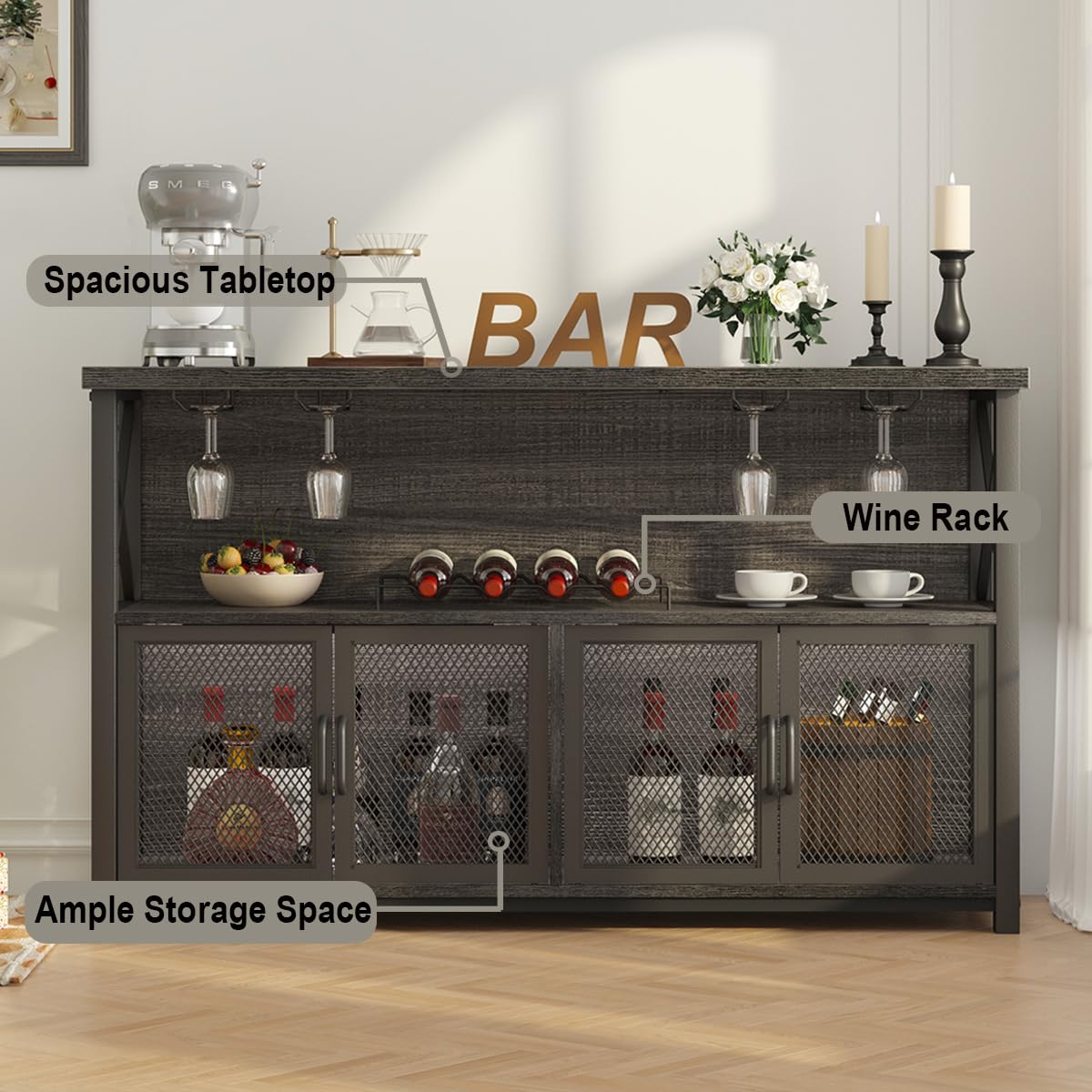 LVB Industrial Dark Gray Oak Wine Bar Cabinet with Storage Rack and Glass Holders LVB